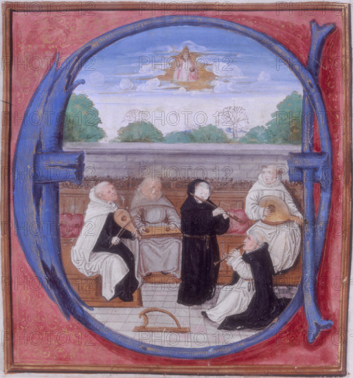 A concert of the five orders, 1522. A group of monks and clergymen playing musical instruments within the illumination of a letter. God in the heavens looks down on them and gives the sign of benediction. From a Latin Psalter and Antiphonary.