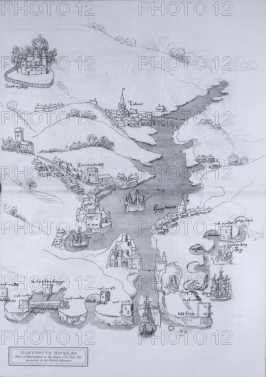 A map of Dartmouth Haven, Devon, 1806. 'From a Chart drawn in the Reign of K. Hen. VIII. preserved in the British Museum'. Small towns and villages have grown up along the tributary, and along the coastline. Two fortress towers guard the entrance.