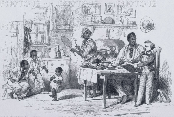 Mas'r George teaching Uncle Tom to write, 1852. George hands Tom a pencil and a book to practise writing. A woman prepares food as two boys watch a younger child dance. An illustration from "Uncle Tom's Cabin".