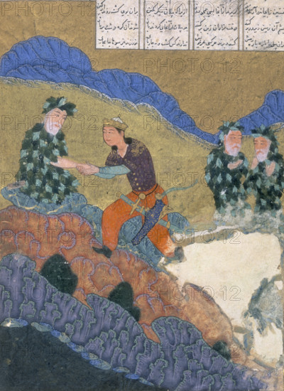 Garshasp visiting the Brahmans on the mountain of Sarandib, c1397-c1398. Garhasp takes the hand of the seated Brahman. The accompanying text is in the top right corner. An illustration from the Persian epic "Garshaspnameh", (Book of Garshasp).