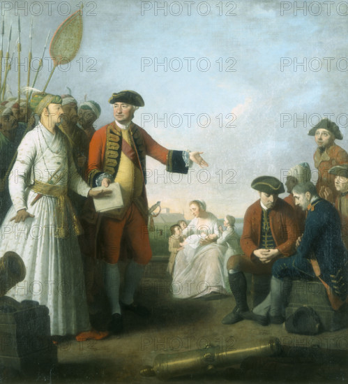 Lord Clive and the Nawab of Bengal, 1773. Lord Clive receiving from Siraj Ud Daulah, the Nawab of Bengal, the grant of a sum of money. In 1756 the Nawab had taken the city of Calcutta. In 1757 at the Battle of Plassey, Clive and British troops secured Bengal under the control of the East India Company, and therefore British rule. Lord Clive was rewarded with an annual salary of £30,000, and the sum of £234,000.