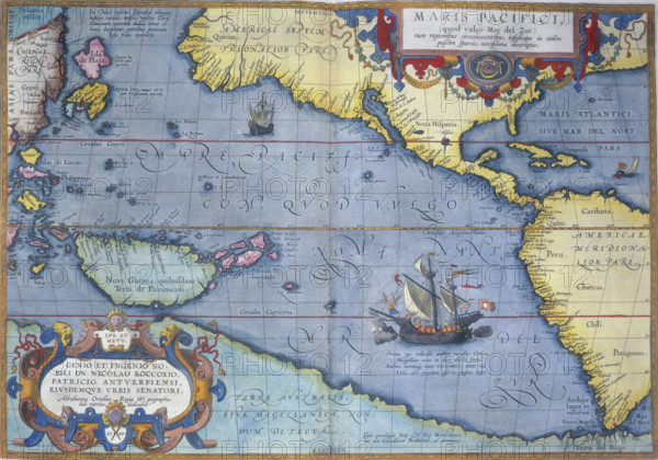 The Pacific Ocean, 1586. 'Maris Pacifici'. A map showing North and South America, China, New Guinea, and other islands. It also shows the projected coastline of Terra Australis, the then undiscovered Antarctic continent.