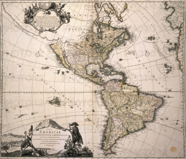 Map of America, (c1700?). This Homann map depicts California as being an island rather than a peninsula. This was corrected in later versions of the map printed after 1729. Much of the north-western part of North America remained uncharted at the time.
