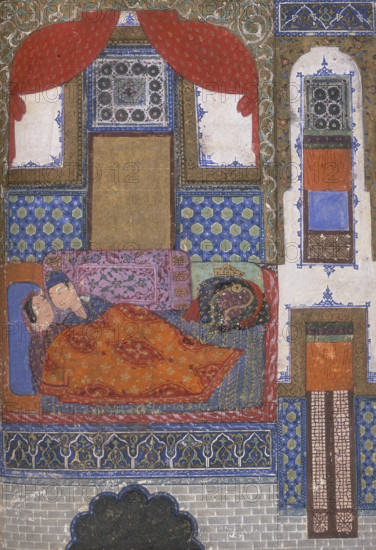 Khusrau and Shirin in bed, c1410-c1411. Khusrau was a Sasanian king, and Shirin was his Armenian queen. Shirin is also in love with Farhad, a famous stone-cutter. When Khusrau discovers that his wife is in love with Farhad he becomes jealous and decides to test Farhad's love. He informs him that Shirin is dead. Farhad kills himself upon hearing this. Khusrau continues living with Shirin until his assassination. Shirin then kills herself and joins both her lovers.