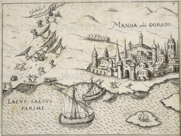 City of Manoa, 1599. 'Manoa o del Dorado'. An illustration of a walled city beside a lake, with people engaged in transporting goods in carts up and down a steep slope to the lake front where ships are moored. El Dorado, was believed to be a king who covered his entire body with gold dust and who resided in a fabulously wealthy city known as Manoa. Raleigh described Manoa as being on an island in a lake called Parimá, in Guiana. It was not until two centuries later that this story proved to be untrue, when the lake's existence was disproved. From an account of Sir Walter Raleigh's search for El Dorado.