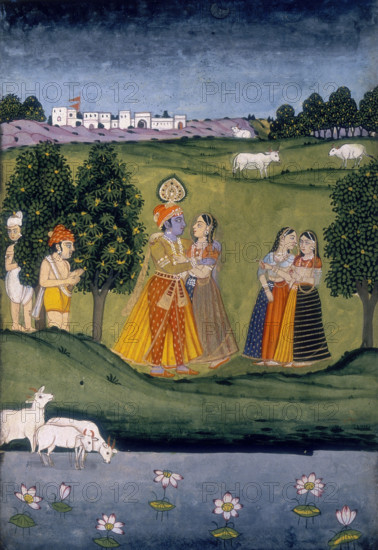 Prince and princess courting, chaperoned by male and female attendants, (c18th century?). The prince with blue skin may represent the god Krishna.