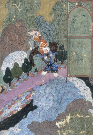 Farhad carrying Shirin and her horse across the stream, c1410-c1411. Shirin is the queen of Khusrau, but is also in love with Farhad, a famous stone-cutter. When Khusrau discovers that his wife is in love with Farhad he becomes jealous and decides to test Farhad's love. He informs him that Shirin is dead. Farhad kills himself upon hearing this. Khusrau continues living with Shirin until his assassination. Shirin then kills herself and joins both her lovers.