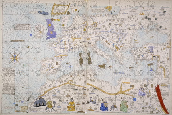 Map of Europe, North Africa and the Mediterranean, c1842-c1853. From the atlas of the Visconde of Santarem. Santarem's objective was to publish in fine lithographic reproduction the most significant early maps and charts to be found in European libraries and archives. The original of this Catalan portolan chart was probably produced in the 14th century.