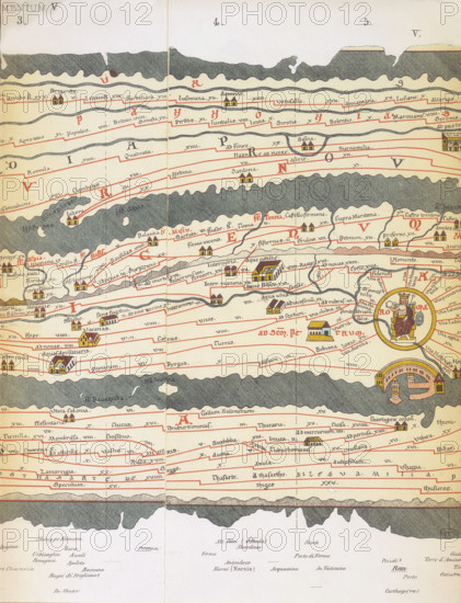 Rome and its roads, from the Peutinger table, 19th-century copy? The Tabula Peutingeriana, a 13th-century copy of an ancient Roman road map, with Rome at centre, is an illustrated itinerarium showing the layout of the cursus publicus, the road network of the Roman Empire. Tabula Peutingeriana - Pannonia Superior, Statio di Surpicano. From "Die weltkarte des Castorius genannt die Peutingersche tafel".