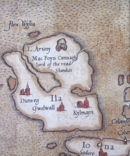 The island of Islay, 1564. 'L Aruny, Mac Foyn Cannagh, lord of the read Shankes, Dunveg, Gwelwall, Ila, Kylmayn'. From Mercator's wall map of the British Isles, of which only four copies are known to survive.