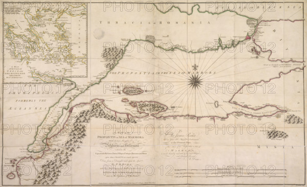 Map of the Sea of Marmara, 1770. The sea of Marmara connects the Black Sea via the Bosphorus and the Mediterranean through the Dardanelles (formerly known as the Hellespont). Inset at the top left is a map of the Aegean.