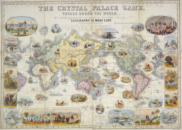 The Crystal Palace Game, 1854. A board game based on a voyage around the world. 'An entertaining excursion in search of knowledge whereby geography is made easy'. The outer edge is decorated with depictions of scenes and sights from around the globe.
