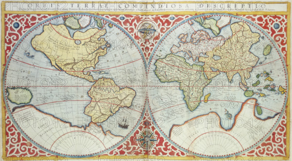 World Map, 1587. 'Orbis terrae compendiosa descriptio'. Divided into Western and Eastern Hemispheres, the map speculates on the position and coastline of a vast, then undiscovered southern continent.