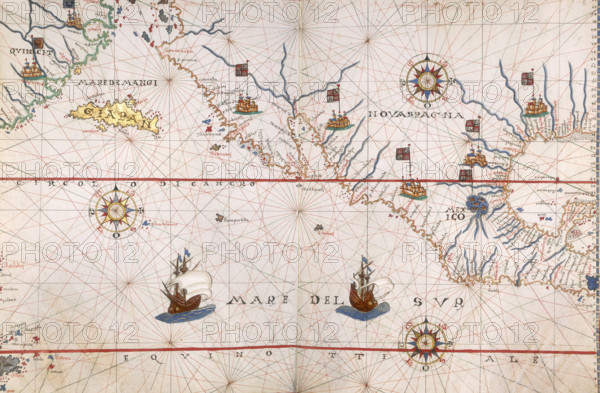 Map of Mexico, 1567. Mexico, conquered by the Spanish, is named as Nova Spagna, or New Spain.