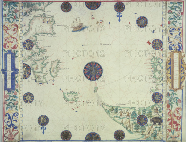 Chart of the Atlantic Ocean, c1535-1542. The map is 'upside down' to western eyes. At bottom right is the coast of Labrador, peopled by Indians with bows and arrows, and a bear. The island near the centre of the map is Iceland, and on the left are the British Isles and the north coast of France, above that Spain and part of North Africa. From the "Boke of Idrography" (The Rotz Atlas) by John Rotz.
