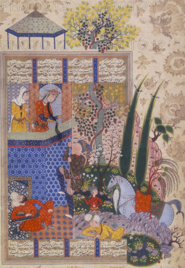 Zal climbing up to the balcony of Rudaba, c1590-c1595. Zal came to the walls of Rudaba's palace where Rudaba let down her tresses to Zal as a rope. From "The Shahnameh", (The Epic of Kings), by Firdawsi.