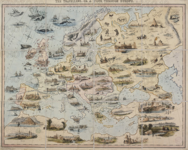 'The Travellers, or a Tour through Europe', 1842. A map of Europe featuring illustrations of its major cities and landmarks.