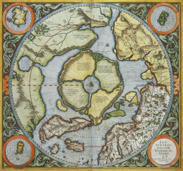 Map of the Arctic, 1595. This map speculates that the Arctic consisted of a circular landmass with a lake at its centre, out of which four large rivers flowed. It was not until 1896 that the Arctic was in fact determined to consist of a frozen ocean, when Fridtjof Nansen's ship, the Fram, drifted across the Arctic locked in the ice, proving that no continent existed.