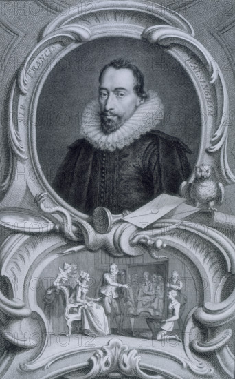 Sir Francis Walsingham, c1743-c1751. English statesman and the principal secretary to Queen Elizabeth I from 1573 to 1590. He was a skilled diplomat whose knowledge of languages and capacity to organize espionage activities made him invaluable in the execution of Elizabeth's foreign policy. From "The heads and characters of illustrious persons of Great Britain, with their portraits engraven by Mr Houbraken and Mr Vertue. With their lives and characters by T Birch. J & P Knapton". [London, 1743, 51].