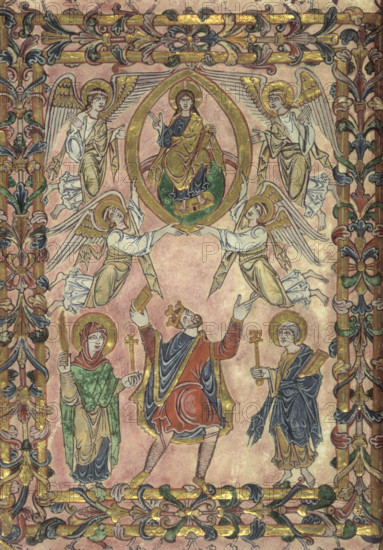 Edgar offers charter to Christ, 966. King Edgar, flanked by the Virgin and St Peter, offering the charter to Christ above. From The New Minster Charter.