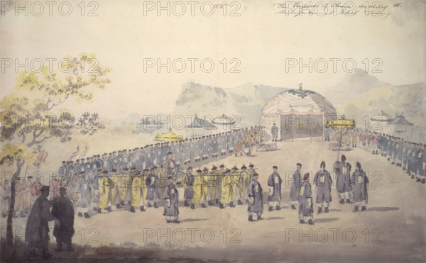 The reception of Lord Macartney by the Qianlong emperor at Jehol (Chengde, China) in 1793, (1796). In the foreground, the emperor is carried in his chair with an entourage of court officials; to right, Lord Macartney with his entourage; beyond, a richly ornamented yurt.