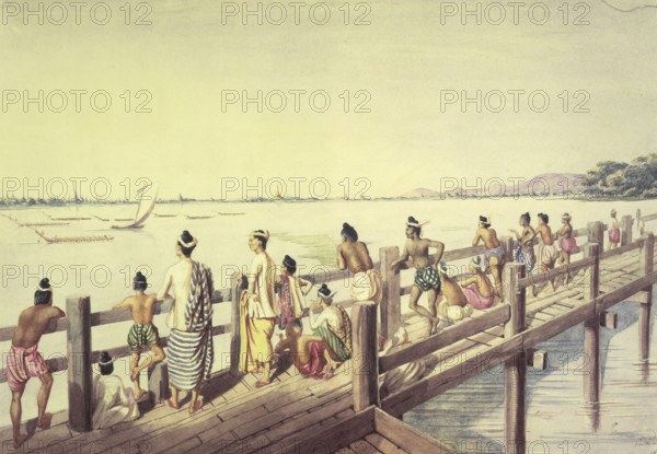 Amarapoora (Umeerapoora), from the long wooden Bridge, crossing the Lake Toung-ummah, 1855. From "A Series Of Views In Burma Taken During Major Phayre's Mission To The Court Of Ava In 1855".