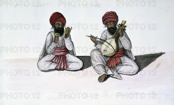 Musicians with cymbals and stringed instruments, 1856. Inscribed in Hindi, and in English: ''Daee Thurr (or Dadee Phurr?) Parker songsters'.