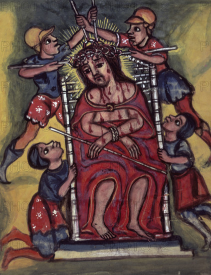 The torture of Christ, seated on a throne, wearing a crown of thorns, 1632-1667. From a volume with Ethiopic script.