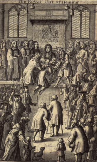 'The Royal Gift of Healing', King Charles II healing the sick, 1684. It was believed that the royal touch could cure diseases such as epilepsy and scrofula, the latter being consequently known as the king's evil. It is said that King Charles II touched nearly one hundred thousand people. John Brown, surgeon in ordinary to his Majesty and to St Thomas's Hospital, and author of many learned works on surgery and anatomy, published accounts of sixty cures due to the touch of this monarch. From 'Adenochoiradelogia or, An anatomick-chirurgical treatise' by John Brown. Printed by Tho. Newcomb for Sam. Lowndes.