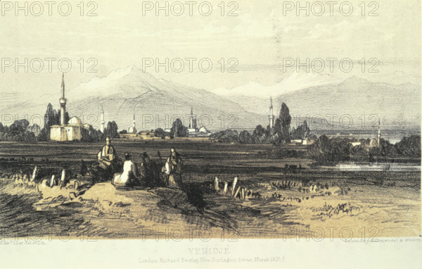 Yenidjé, 1851. View of Yianitsa (Giannitsa), formerly an Ottoman city, famous for its tobacco, in what is now Central Macedonia, northern Greece. From "Journals of a Landscape Painter in Albania, Illyria, etc" by Edward Lear.