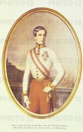 Franz Josef I, 1848, (1951). Portrait of Emperor Franz Joseph I of Austria immediately after his accession to the throne. Illustration after an oil painting, owned by Duke Max von Hohenberg.