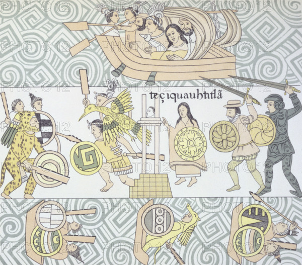 The Spanish, with their allies, fighting the Aztecs 1892. From "Homenaje á Cristóbal Colón: Antigüedades Mexicanas publicadas por la Junta Colombina, etc" (Homage to Christopher Columbus) by Alfredo Chavero. (Mexico, 1892).