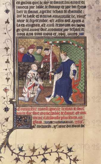 King Charles V of France presenting the sword of Constable of France to Bertrand du Guesclin, c1415. Bertrand du Guesclin (c1320-1380), known as the Eagle of Brittany or the Black Dog of Brocéliande, was a Breton knight and French military commander during the Hundred Years' War. He was Constable of France from 1370 to his death. From "Grandes Chroniques de France".