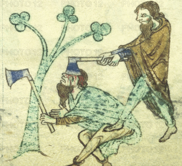 Miniature of one man killing another with his axe, c1220. Margin illustration from "Topographia Hibernica".