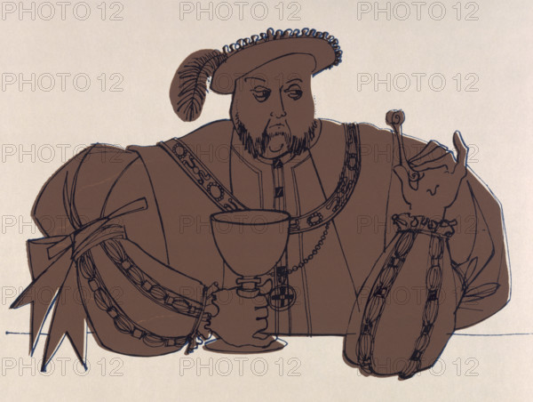 Portrait of Henry VIII, c1520 (1966). From "The history of England from the reign of Henry the 4th to the death of Charles the 1st by a partial, prejudiced, & ignorant historian. Illustrated by Paulette Riches". [Toronto, 1966].