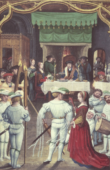 Calendar scene for February: Feasting and dancing, 1520-1530. A couple about to dance at a medieval banquet. From "The Golf Book".
