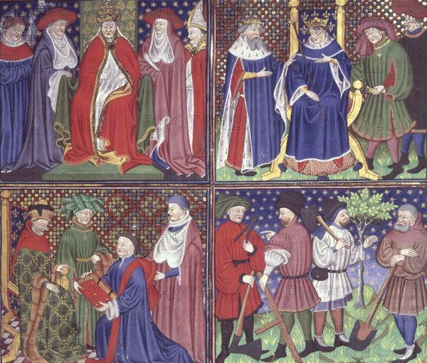 Pope enthroned, King of France enthroned, the Duc de Berry, a group of labourers, c1450. In four compartments: a Pope wearing the papal tiara; a king of France enthroned; Jean, Duc de Berry, receiving the book from the translator Laurent de Premierfait; and a group of labourers with compasses, adze, axe, and spade. From "Jehan Boccace des cas des nobles homes et femmes" ("De casibus virorum illustrium (Des cas des ruynes des nobles hommes et fammes)".