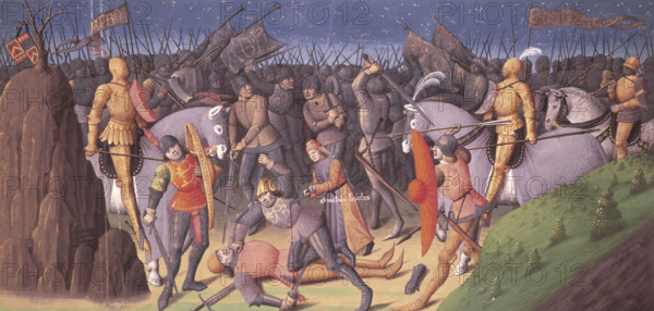 Aemilus Lepidus, as a boy, showing his generous nature saving the life of a citizen during a battle, 1473-c1480. Aemilius, no more than a young boy, goes into battle and saves the life of a Roman citizen. He pulls out a sword which has pierced the breastplate of a soldier who is kneeling on a prone man, about to stab him. From the manuscript "Les Fais et les Dis des Romains et de autres gens" (The Deeds and Sayings of the Romans and Other People).