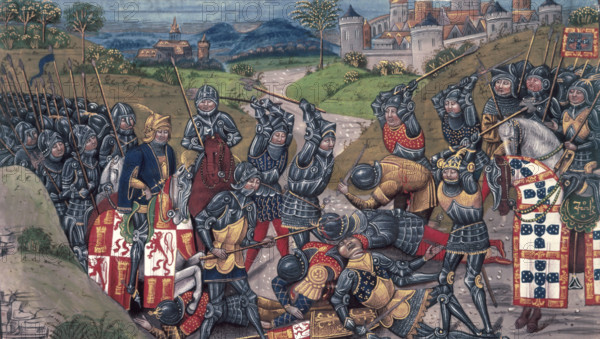 The King of Portugal fighting at the Battle of Aljubarrota, 1385, (15th century). Portuguese and Castilian knights are fighting with spears. In this significant battle, the forces of King John I of Portugal defeated those of King John I of Castile, securing independence for the Portuguese kingdom. From "Chronique d' Angleterre" (Volume III).