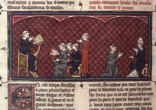 Amalric of Bene lecturing, c1325-c1350. Amalric (Amaury) of Bena, French theologian, lecturing at Paris (left), and retracting before the Pope (right). Amalric taught philosophy and theology at the University of Paris and enjoyed a great reputation as a dialectician; his lectures developing the philosophy of Aristotle attracted a large audience. In 1204 his doctrines were condemned by the university and, on a personal appeal to Pope Innocent III, the sentence was ratified, Amalric being ordered to return to Paris and recant his errors. From "Chronqiues de France ou de St Denis", vol. 1.