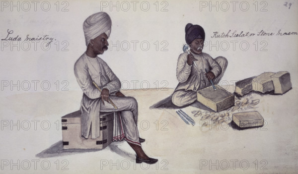 Carpenter and stone-mason, 1856. 'Luda maistry, Kutch Seelat, or Stone Mason'. Carpenter seated on a box holding a tool, and a stone-mason (salat) with hammer and chisel.