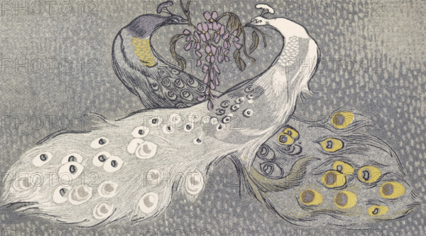 Two peacocks, scene from "The Jungle Book", 1919. From a French translation of "The Jungle Book" by Rudyard Kipling.
