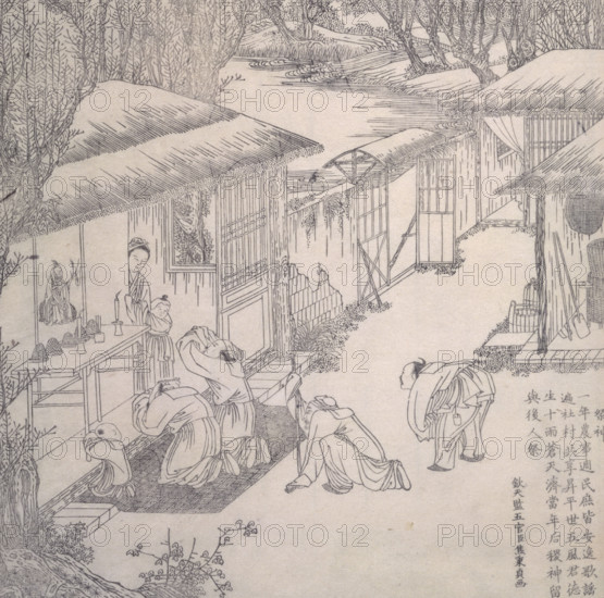 Worshipping at a shrine, 18th century? Giving thanks to ancestors for the crops.