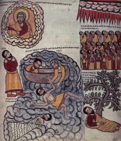 Scenes of death by drowning, 1756. Jonah and the whale? From a volume with Ethiopic script on vellum.