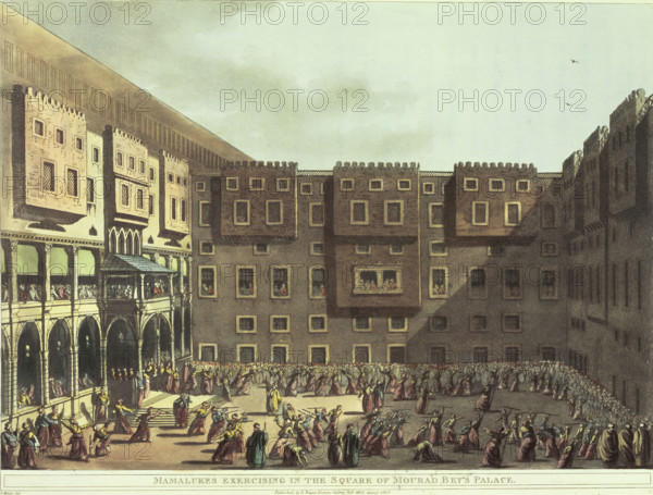 Mamalukes exercising in the Square of Mourad Bey's Palace, Egypt, 1801. Soldiers training in Grand Cairo. From "Views in Egypt from the original drawings in the possession of Sir Robert Ainslie, taken during his embassy to Constantinople by Luigi Mayer".