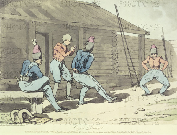 Cozack Dance, 1812. Cossacks dancing. From "A Picturesque Representation of the Manners, Customs, and Amusements of the Russians, in one hundred coloured plates, with an accurate explanation of each plate, in English and French" by John Augustus Atkinson and James Walker. (London, 1812).