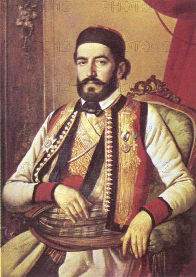 Nyegosh in 1847, (1951). Peter II Petrovich Nyegosh was a Serbian poet, bishop, philosopher and statesman from the province of Montenegro. He ruled the province between 1830 and 1851. 20th-century reproduction of a portrait by Johann Böss?