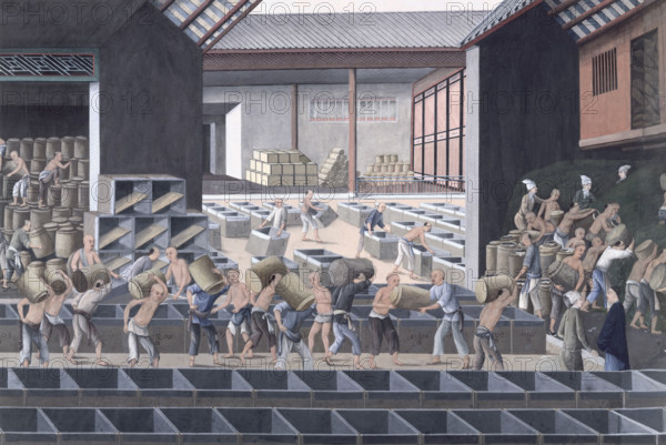 A tea warehouse in Canton, China, 1790. Note European at bottom right.