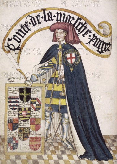 Roger Mortimer, c1430-c1440 (before 1450). Portrait of Roger Mortimer, Earl of March, a Knight Founder of the Order of the Garter, wearing a blue Garter mantle over plate armour and surcoat with his personal arms. From "Pictorial book of arms of the Order of the Garter" ('William Bruges's Garter Book').