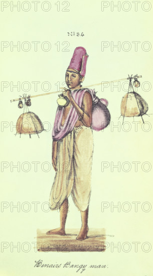 Benairs Bangy man, 1837. Indian man (from Benares?) A bangy was a yoke carried on the shoulders for transporting goods. From "A Digest of the different Castes of India with accounts of them" by Venkata Ramasvani.